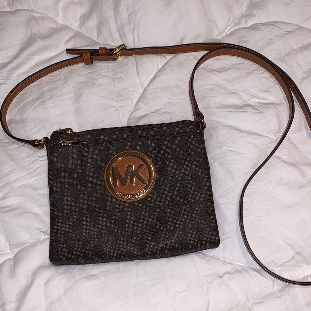 Michael Kors Brown Monogram Crossbody with Tan Strap